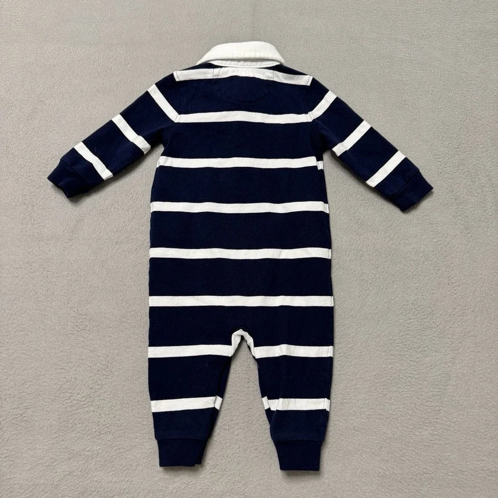Ralph Lauren Baby Rugby Coverall 6M Navy Stripe One Piece Romper